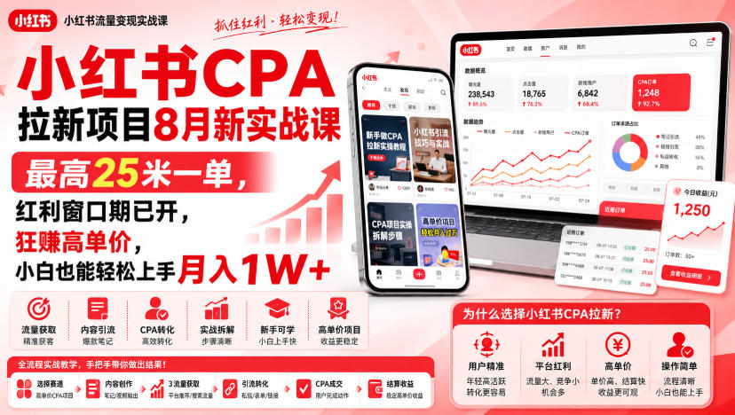 小红书CPA拉新项目8月新实战课，最高25米一单，红利窗口期已开，狂賺高单价，小白也能轻松上手月入1W+-迦哆网创社