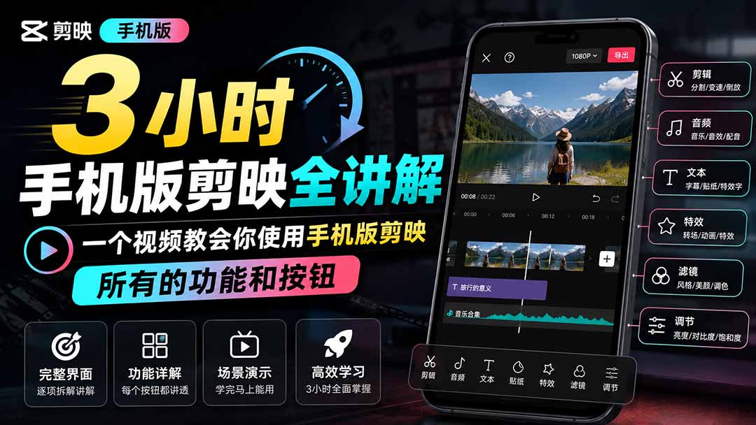 3小时手机版剪映全讲解，一个视频教会你使用手机版剪映，所有的功能和按钮-迦哆网创社