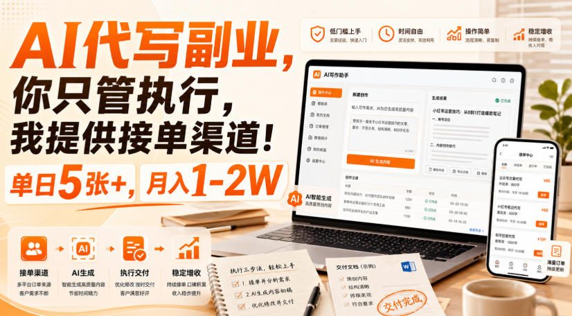 AI代写副业，你只管执行，我提供接单渠道！单日5张+，月入1-2W【揭秘】-迦哆网创社