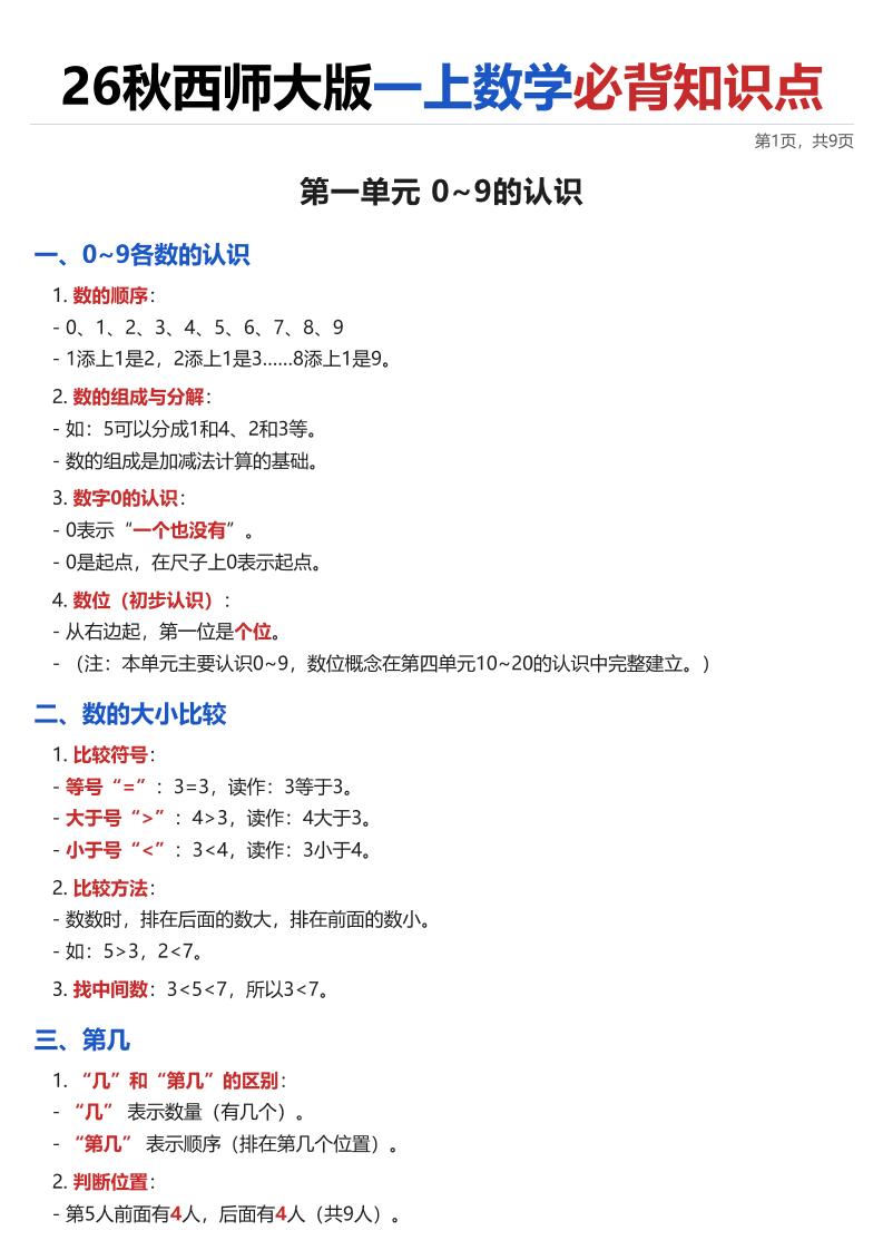 26秋西师大版一上数学·必背知识点（全册）-迦哆网创社