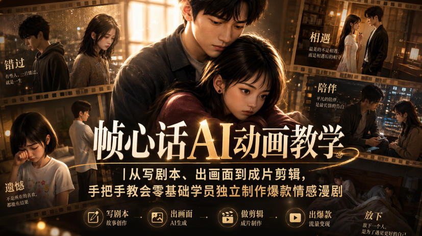 帧心话AI动画教学｜从写剧本、出画面到成片剪辑，手把手教会零基础学员独立制作爆款情感漫剧-迦哆网创社