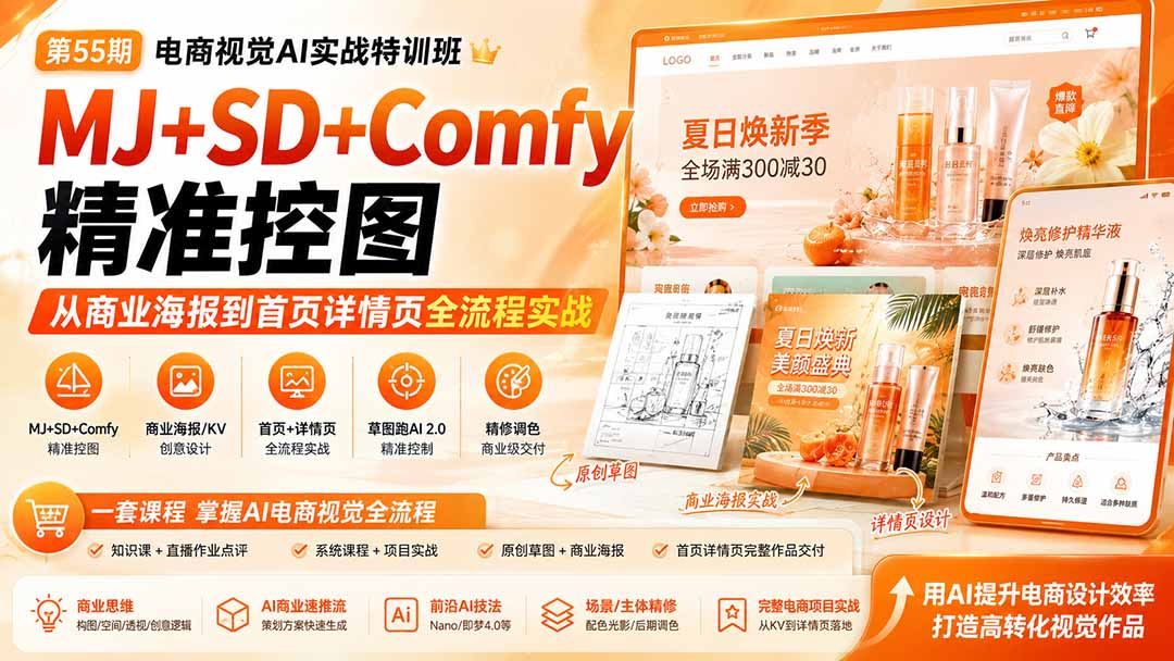 电商视觉 AI实战训练营第55期：MJ+SD+Comfy精准控图，从商业海报到首页详情页全流程实战-迦哆网创社