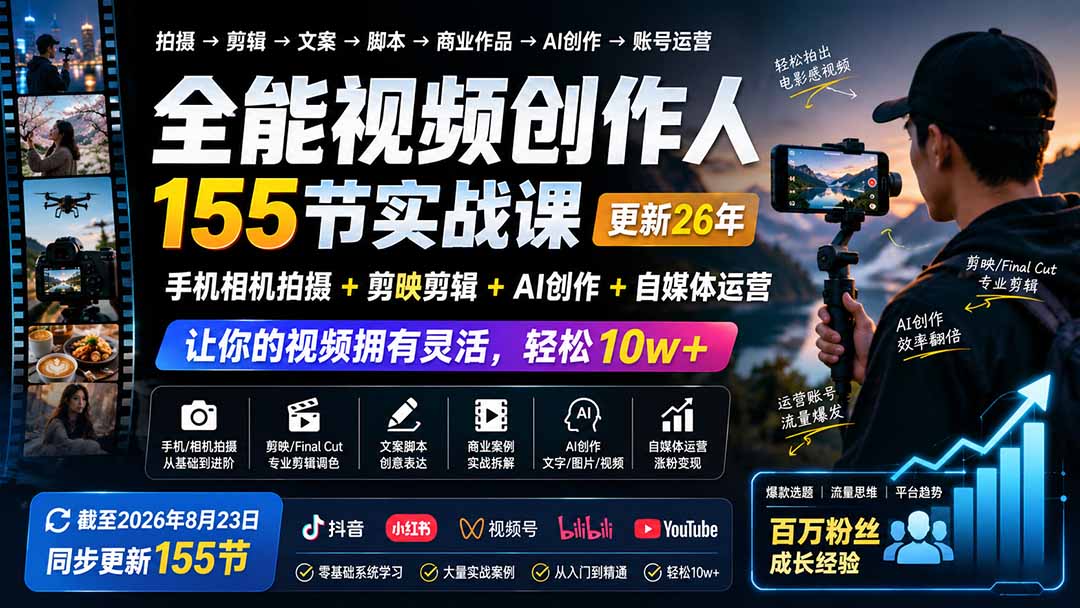 全能视频创作人155节实战课-更新26年8月：手机相机拍摄+剪映剪辑+AI创作+自媒体运营，让你的视频拥有灵活，轻松10w-迦哆网创社