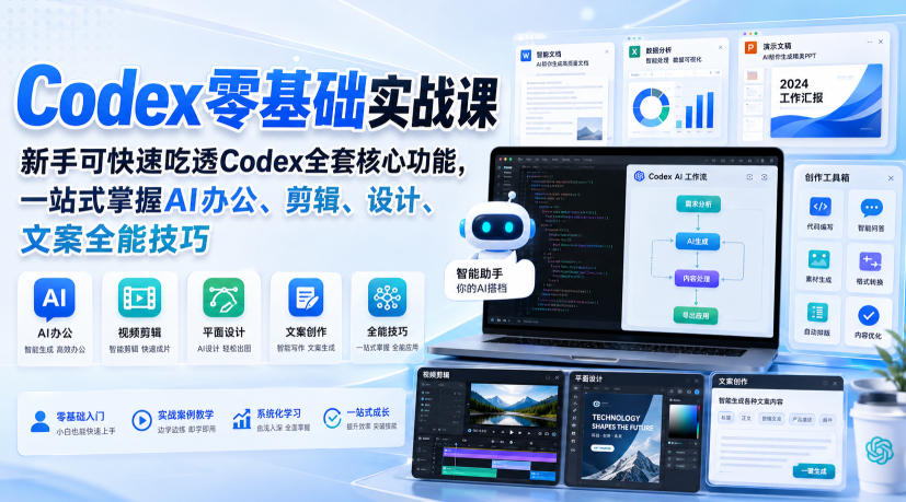 Codex零基础实战课，新手可快速吃透Codex全套核心功能，一站式掌握AI办公、剪辑、设计、文案全能技巧-迦哆网创社