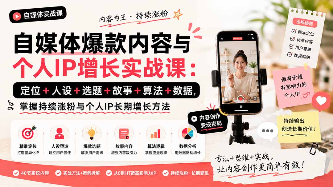 自媒体爆款内容与个人IP增长实战课:定位+人设+选题+故事+算法+数据,掌握持续涨粉与个人IP长期增长方法-迦哆网创社