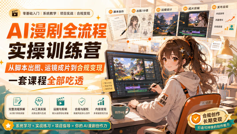 AI漫剧全流程实操训练营，从脚本出图、运镜成片到合规变现，一套课程全部吃透-迦哆网创社