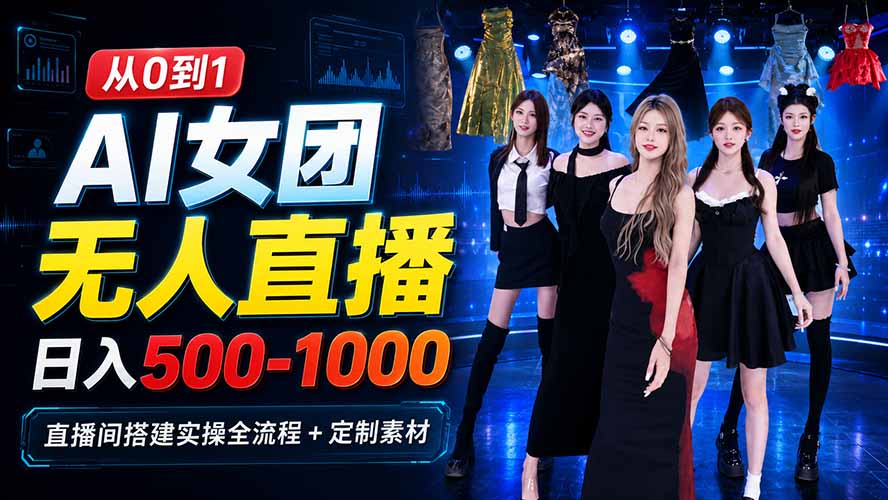 AI 女团无人直播，躺入500-1000每天，直播间搭建实操全流程+定制素材-迦哆网创社