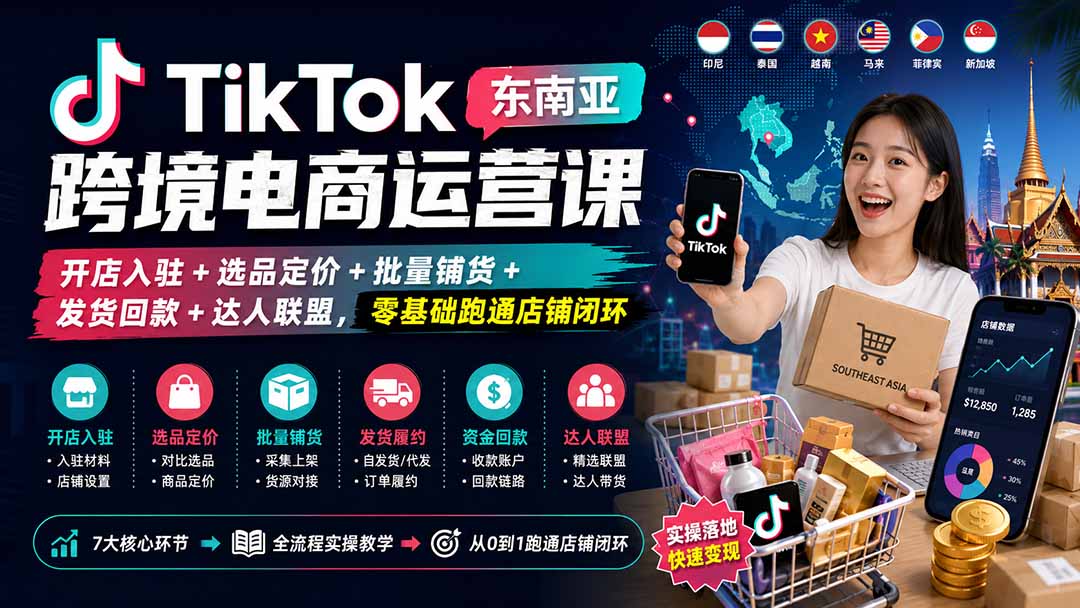 TikTok东南亚跨境电商运营课：开店入驻+选品定价+批量铺货+发货回款+达人联盟，零基础跑通店铺闭环-迦哆网创社