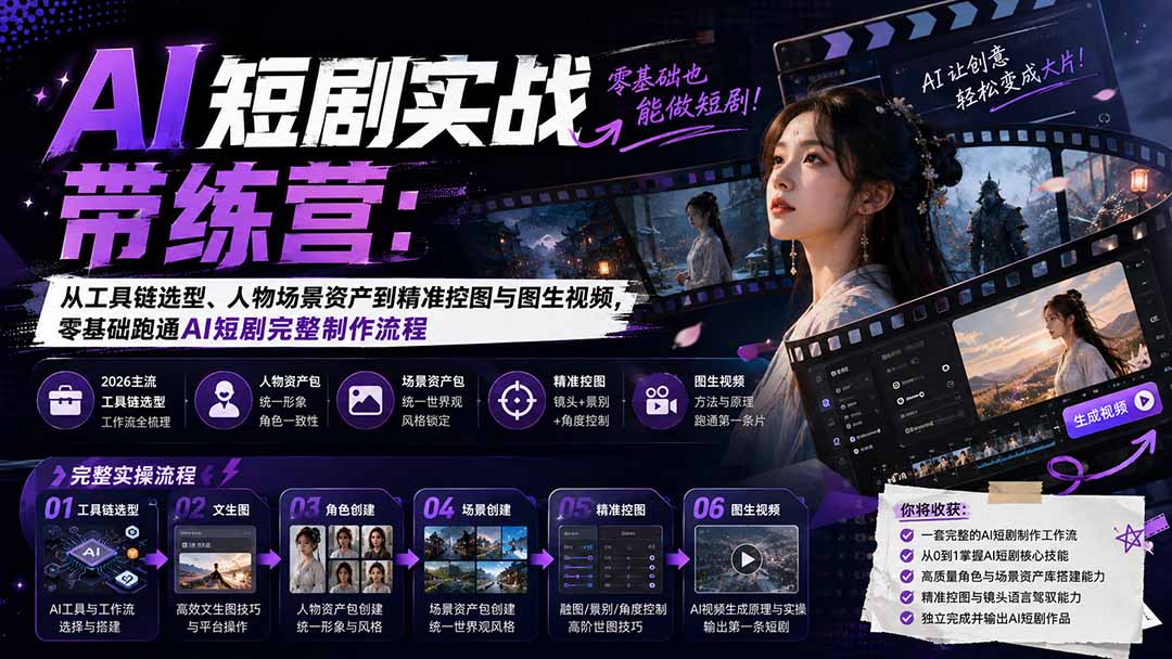AI短剧实战训练营：从工具链选型、人物场景资产到精准控图与图生视频，零基础跑通AI短剧完整制作流程-迦哆网创社