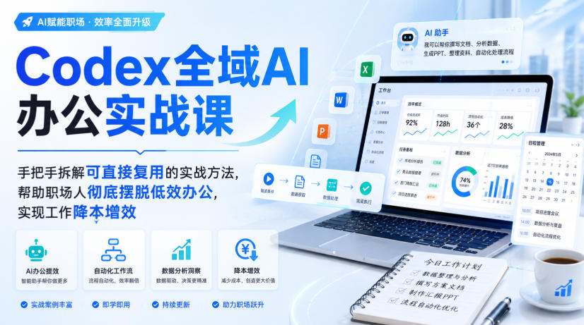 Codex全域AI办公实战课，手把手拆解可直接复用的实战方法，帮助职场人彻底摆脱低效办公，实现工作降本增效-迦哆网创社