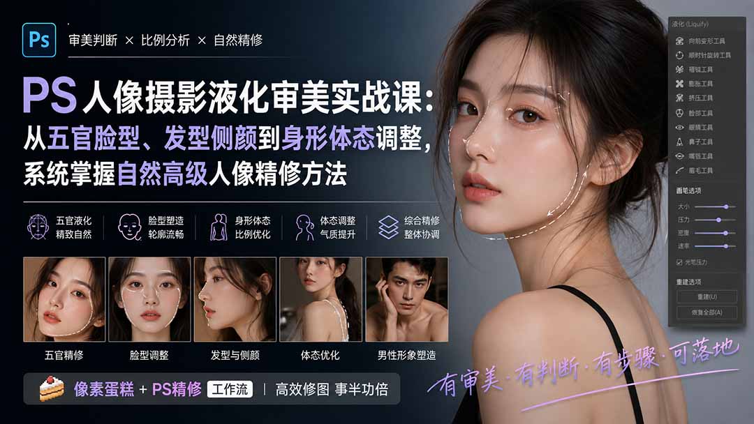 PS人像摄影液化审美实战课：从五官脸型、发型侧颜到身形体态调整，系统掌握自然高级人像精修方法-迦哆网创社
