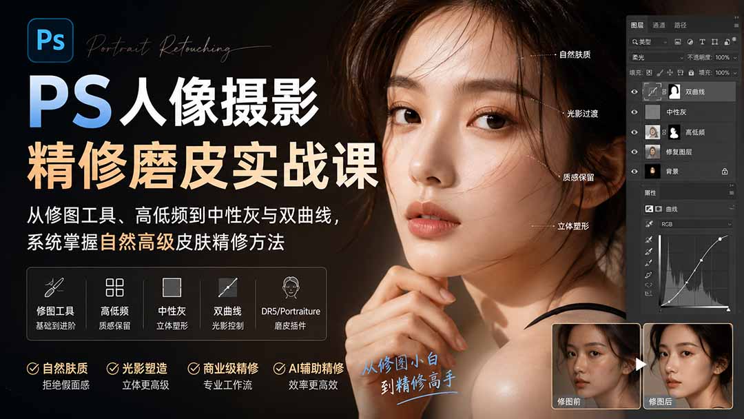 PS人像摄影精修磨皮实战课:从修图工具、高低频到中性灰与双曲线,系统掌握自然高级皮肤精修方法-迦哆网创社