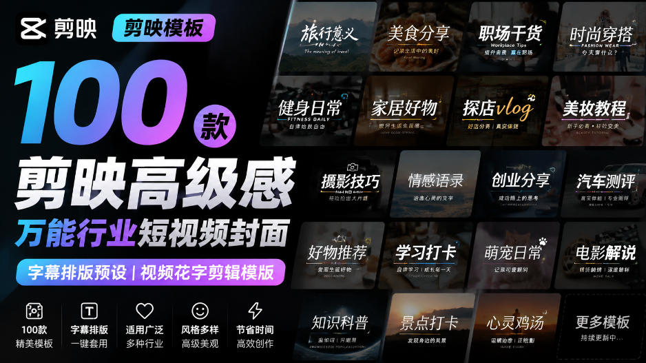 【剪映模板】100款剪映高级感万能行业短视频封面字幕排版预设视频花字剪辑模版-迦哆网创社