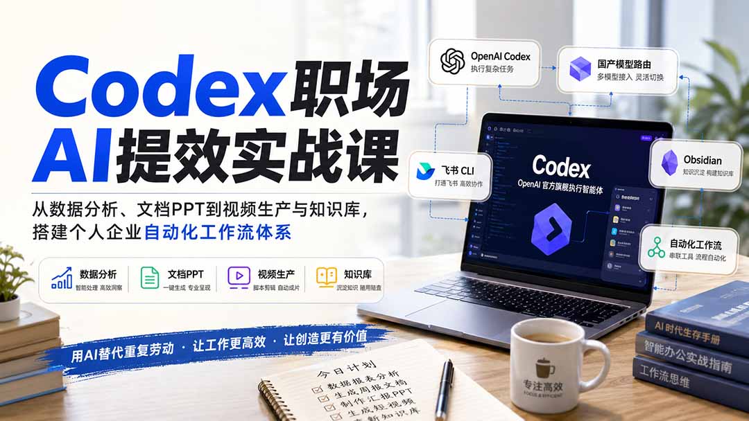 Codex职场AI提效实战课：从数据分析、文档PPT到视频生产与知识库，搭建个人企业自动化工作流体系-迦哆网创社