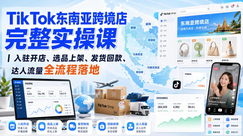 TikTok东南亚跨境店完整实操课｜入驻开店、选品上架、发货回款、达人流量全流程落地-迦哆网创社