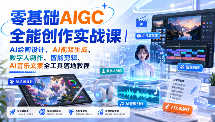 零基础AIGC全能创作实战课｜AI绘画设计、AI视频生成、数字人制作、智能剪辑、AI音乐文案全工具落地教程-迦哆网创社