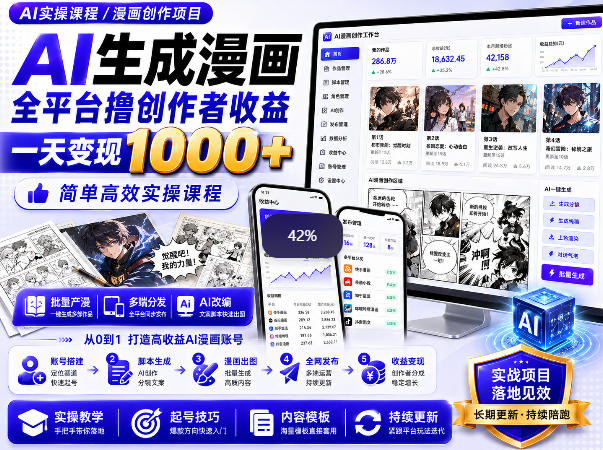 AI生成漫画全平台撸创作者收益内部课程,实操最高单日变现1k+-迦哆网创社