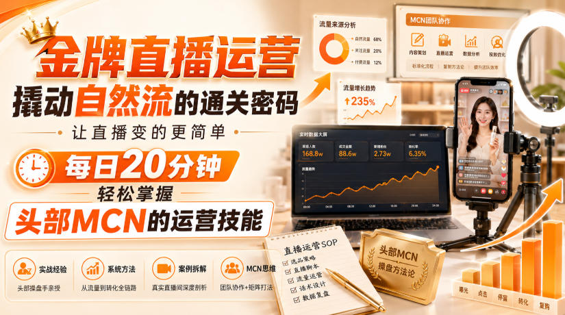 金牌直播运营撬动自然流的通关密码，让直播变的更简单，每日20分钟，轻松掌握头部MCN的运营技能-迦哆网创社