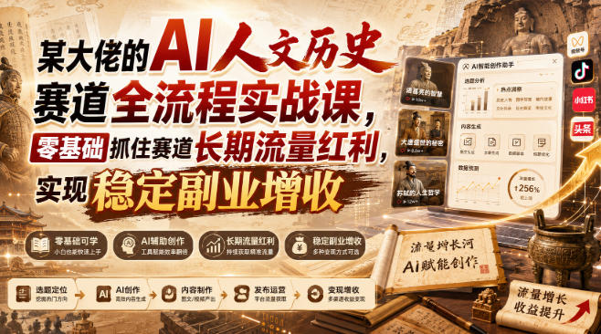 某大佬的AI人文历史赛道全流程实战课，零基础抓住赛道长期流量红利，实现稳定副业增收-迦哆网创社