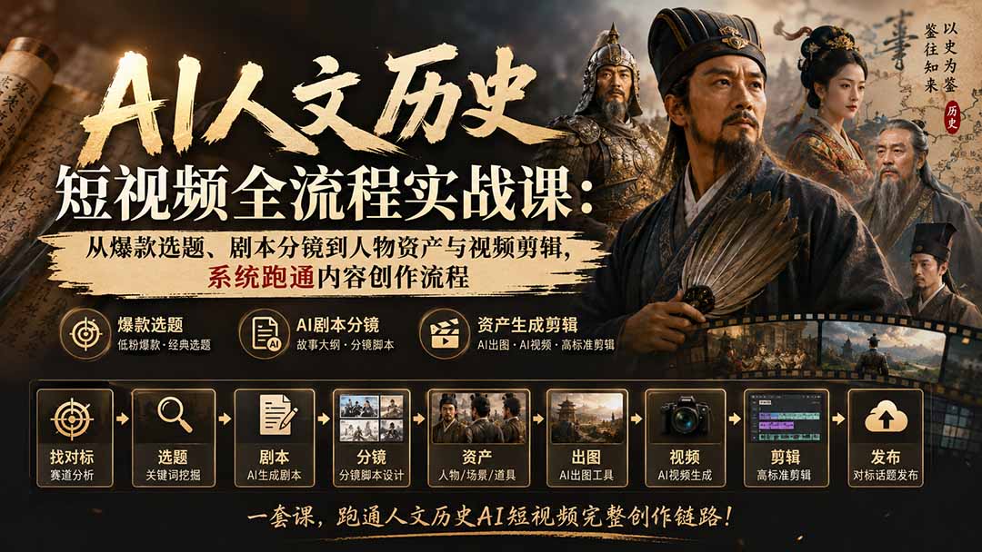 AI人文历史短视频全流程实战课：从爆款选题、剧本分镜到人物资产与视频剪辑，系统跑通内容创作流程-迦哆网创社