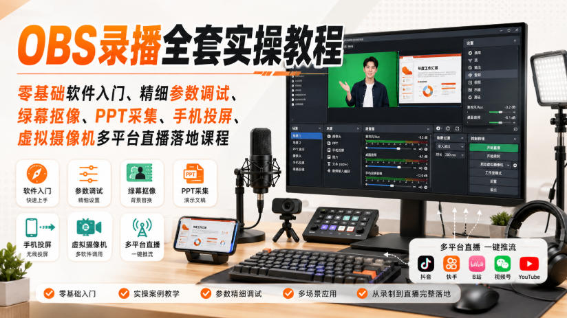 OBS录播全套实操教程|零基础软件入门、精细参数调试、绿幕抠像、手机投屏、虚拟摄像机多平台直播落地课程-迦哆网创社