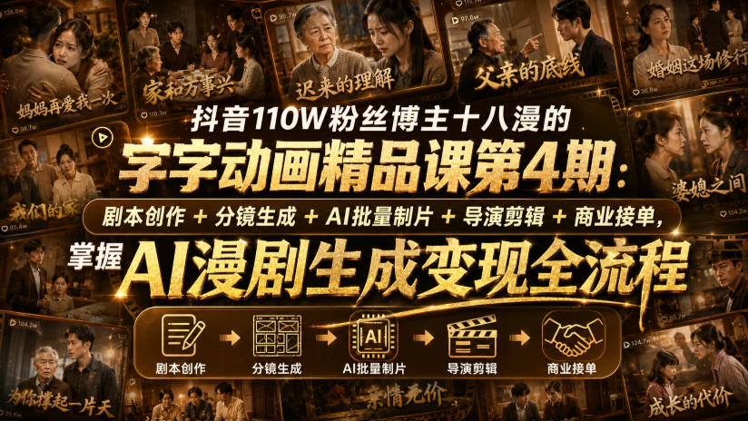 抖音110W粉丝博主十八漫的字字动画精品课第4期：剧本创作+分镜生成+剪辑+商业接单，掌握AI漫剧生成变现全流程-迦哆网创社