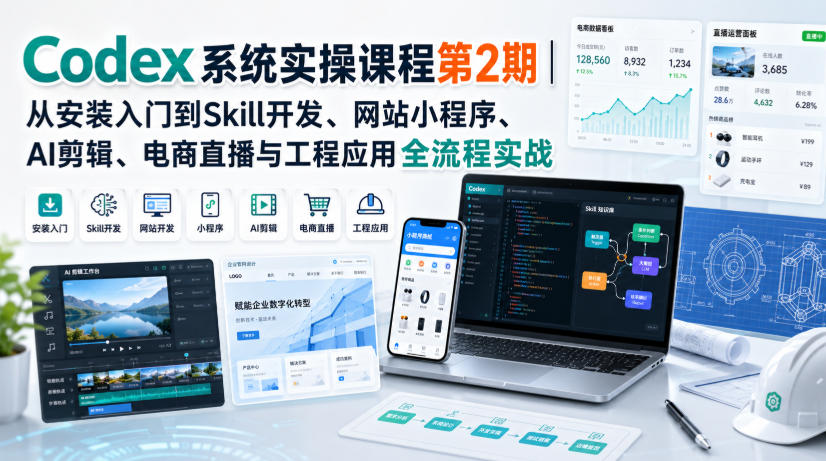 Codex系统实操课程第2期｜从安装入门到Skill开发、网站小程序、AI剪辑、电商直播与工程应用全流程实战-迦哆网创社