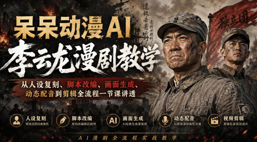 呆呆动漫AI李云龙漫剧教学，从人设复刻、脚本改编、画面生成、动态配音到剪辑全流程一节课讲透-迦哆网创社