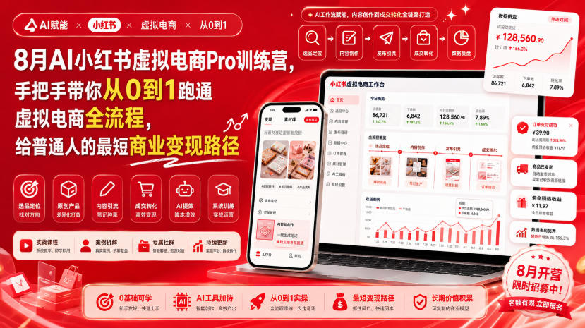8月AI小红书虚拟电商Pro训练营，手把手带你从0到1跑通虚拟电商全流程，给普通人的最短商业变现路径(更新0827)-迦哆网创社