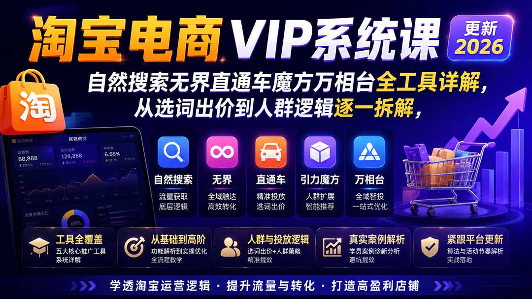 2026淘宝电商终局之战VIP课-更新：自然搜索+直通车+无界+精准人群，系统掌握测款动销与全店推广布局方法-迦哆网创社