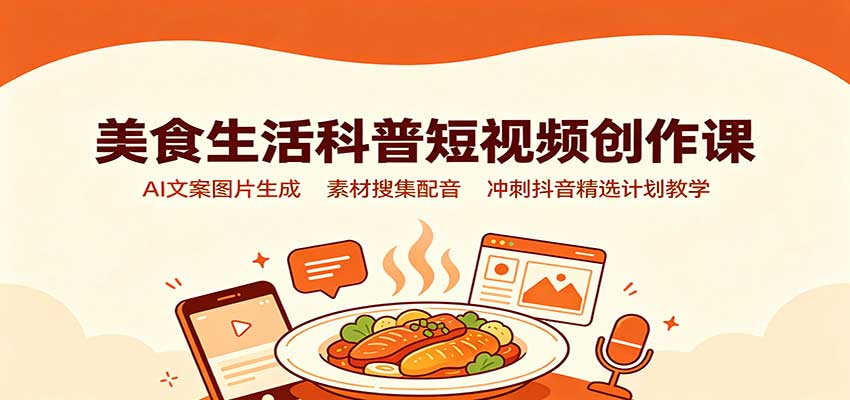 美食生活科普短视频创作课：AI文案图片生成，素材搜集配音，冲刺抖音精选计划教学-迦哆网创社
