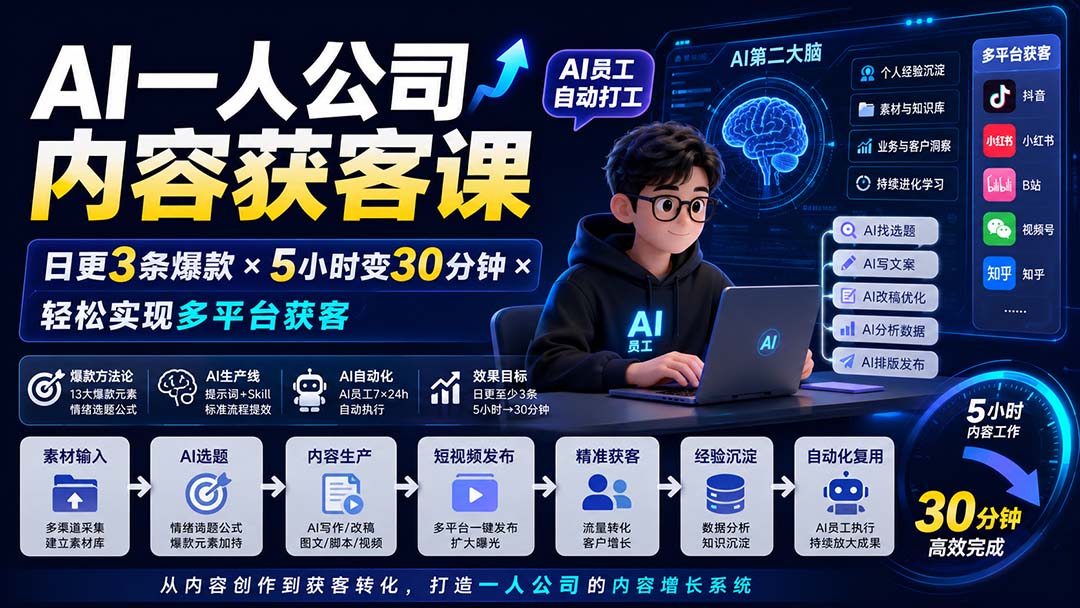 AI一人公司内容获客课-更新8月:日更3条爆款×5小时变30分钟×AI员工自动打工,轻松实现多平台获客-迦哆网创社