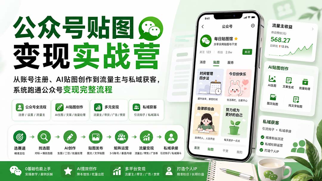公众号贴图变现实战营：从账号注册、AI贴图创作到流量主与私域获客，系统跑通公众号变现完整流程-迦哆网创社