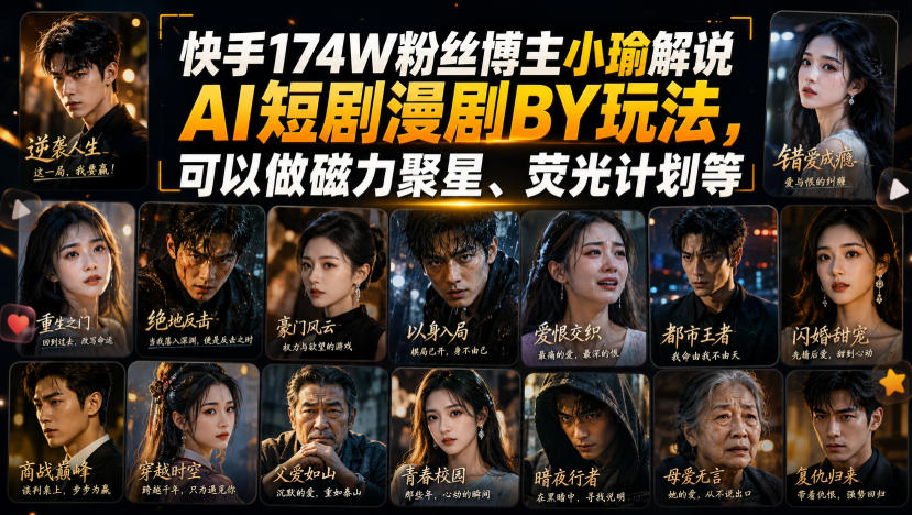 快手174W粉丝博主小瑜解说AI短剧漫剧搬运玩法,可以做磁力聚星、荧光计划等-迦哆网创社