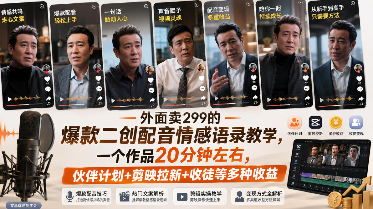 外面卖299的爆款二创配音情感语录教学,一个作品20分钟左右,伙伴计划+剪映拉新+收徒等多种收益-迦哆网创社
