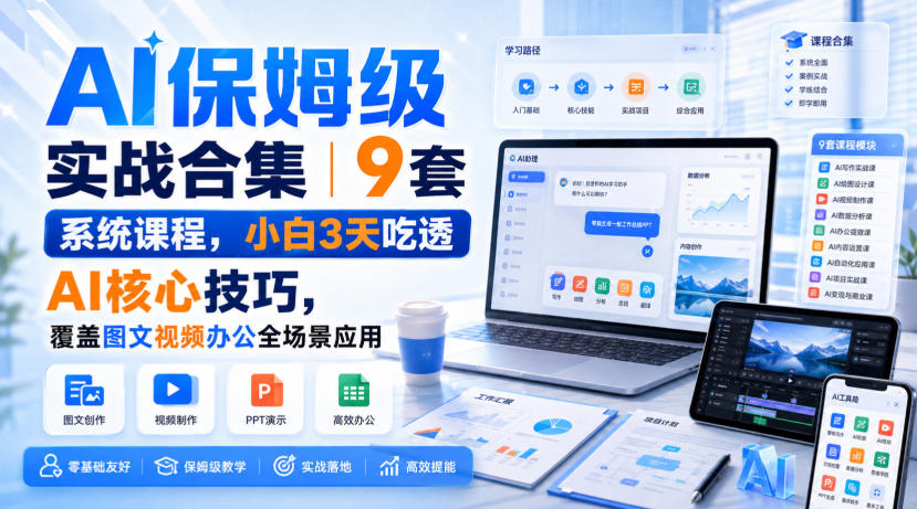 AI保姆级实战合集|9套系统课程,小白3天吃透AI核心技巧,覆盖图文视频办公全场景应用-迦哆网创社