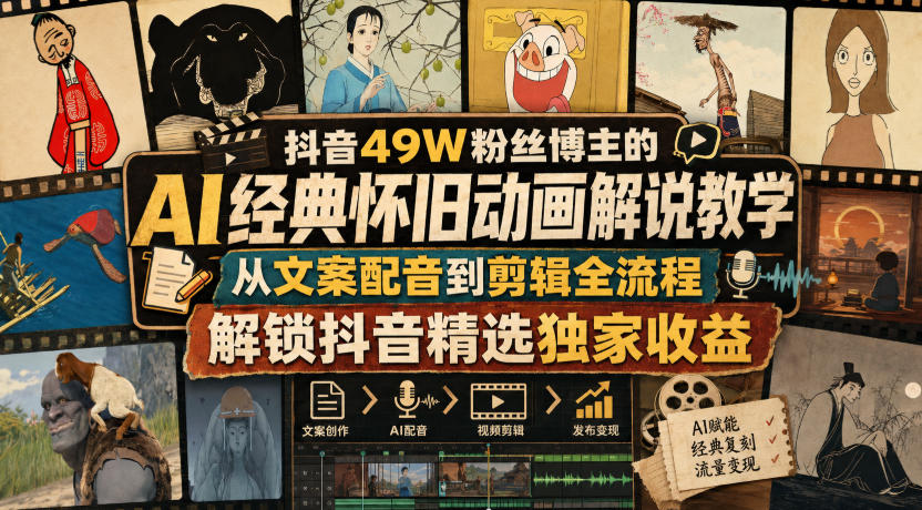 抖音49W粉丝博主的AI经典怀旧动画解说教学，从文案配音到剪辑全流程，解锁抖音精选独家收益-迦哆网创社