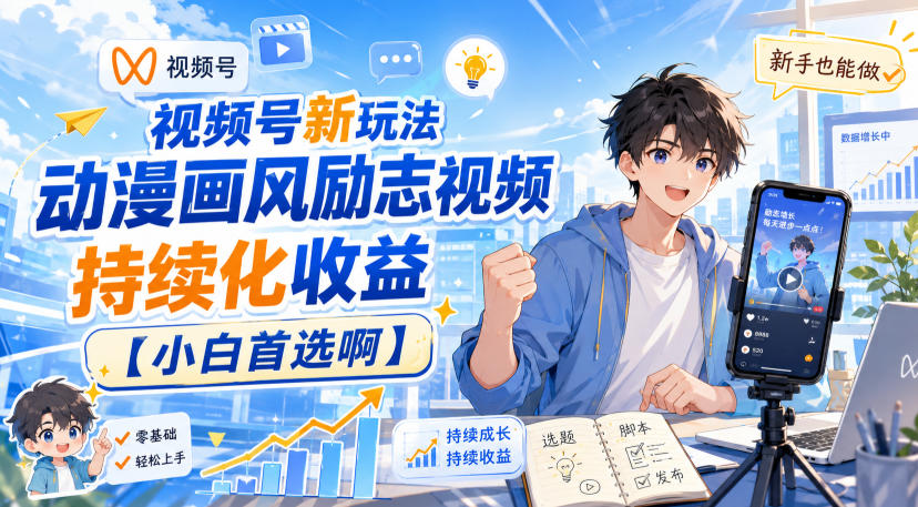 视频号新玩法动漫画风励志视频,持续化收益【小白首选啊】-迦哆网创社