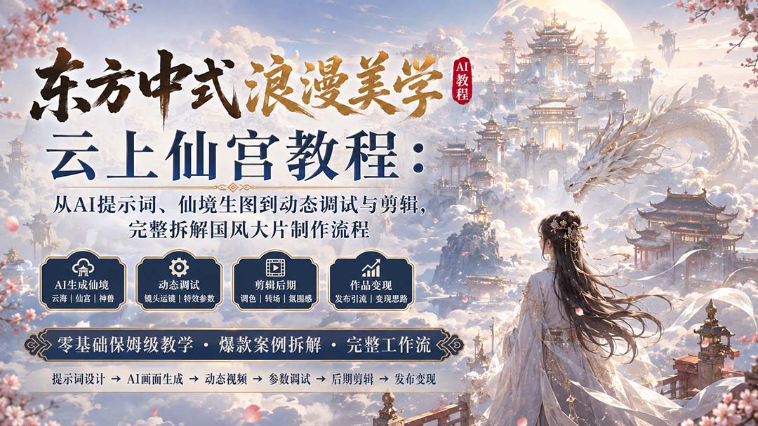 东方中式浪漫美学云上仙宫教程：从AI提示词、仙境生图到动态调试与剪辑，完整拆解国风大片制作流程-迦哆网创社