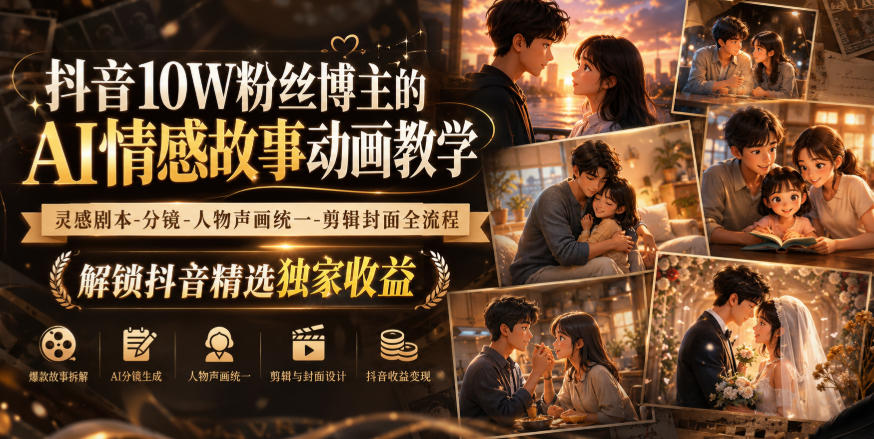 抖音10W粉丝博主的AI情感故事动画教学,灵感剧本‑分镜‑人物声画统一‑剪辑封面全流程,解锁抖音精选独家收益-迦哆网创社