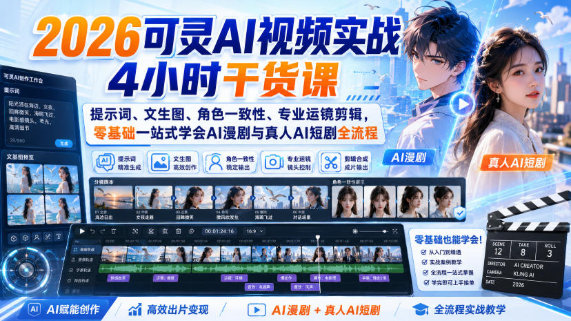 2026可灵AI视频实战4小时干货课｜提示词、文生图、角色一致性、专业运镜剪辑，零基础一站式学会AI漫剧与真人AI短剧全流程-迦哆网创社