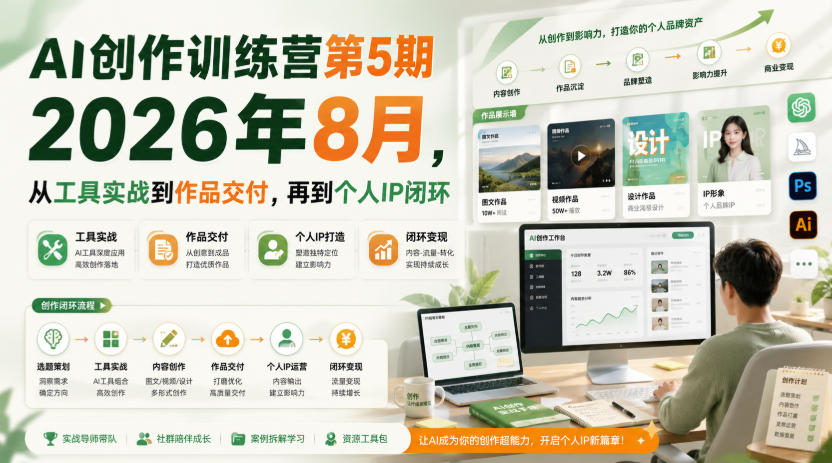 AI创作训练营第5期2026年8月，从工具实战到作品交付，再到个人IP闭环-迦哆网创社