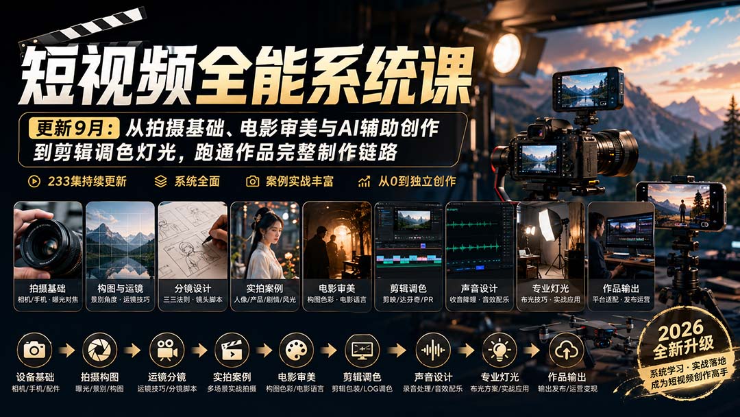 短视频全能系统课-更新8月233集：从拍摄基础、电影审美与AI辅助创作到剪辑调色灯光，跑通作品完整制作链路-迦哆网创社