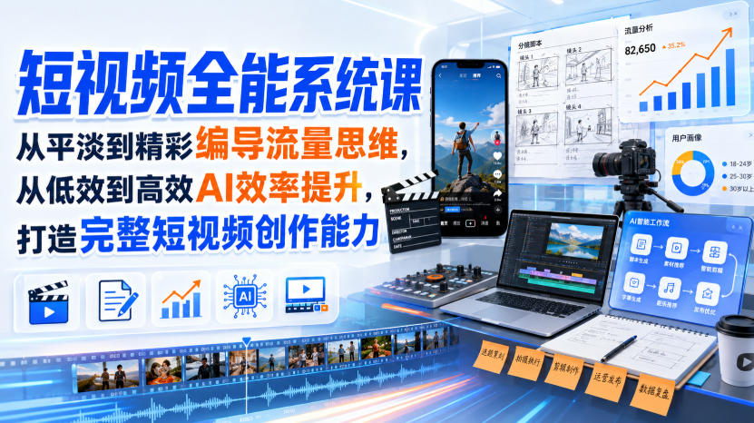 短视频全能系统课,从平淡到精彩编导流量思维,从低效到高效AI效率提升,打造完整短视频创作能力(2026年8月30更新233集)-迦哆网创社