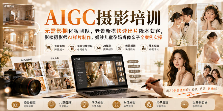AIGC摄影培训|无需影棚化妆团队,老景新搭快速出片降本获客,影楼摄影师AI样片制作,婚纱儿童孕妈肖像亲子全案例实操-迦哆网创社