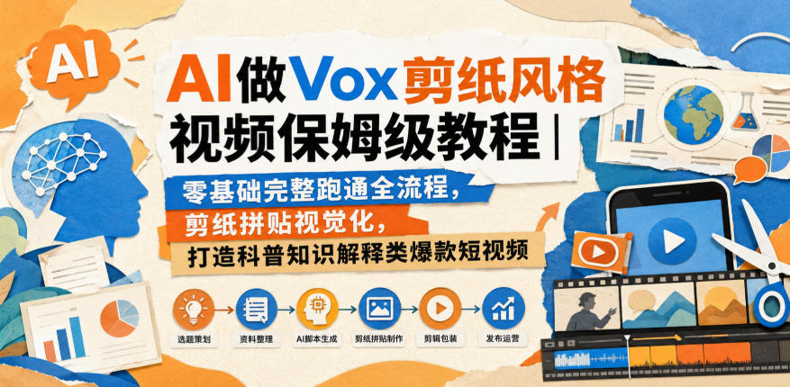 AI做Vox剪纸风格视频保姆级教程|零基础完整跑通全流程,剪纸拼贴视觉化,打造科普知识解释类爆款短视频-迦哆网创社