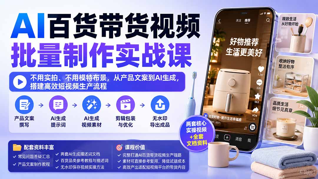 AI百货带货视频批量制作实战课：不用实拍、不用模特布景，从产品文案到AI生成，搭建高效短视频生产流程-迦哆网创社