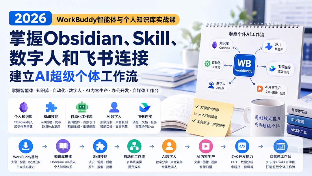 2026 WorkBuddy智能体与个人知识库实战课：掌握Obsidian、Skill、数字人和飞书连接，建立AI超级个体工作流-迦哆网创社