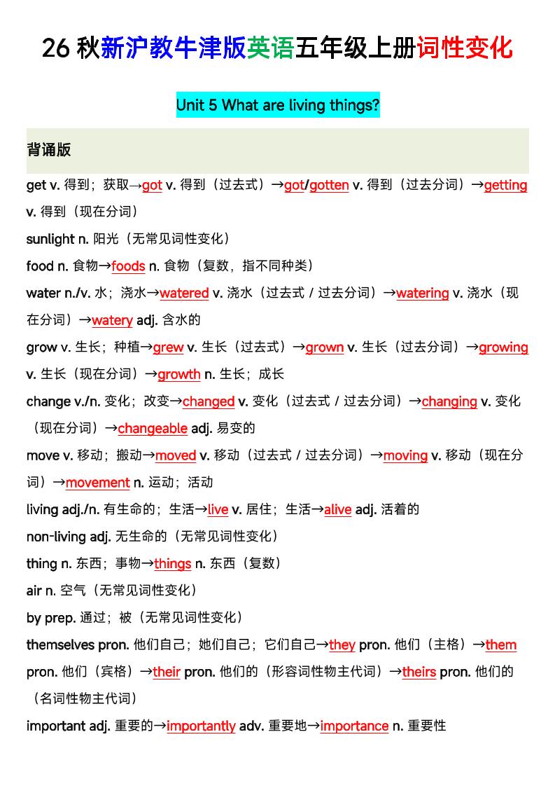 26秋沪教牛津版英语五年级上册U5-U8单词词性变化-迦哆网创社