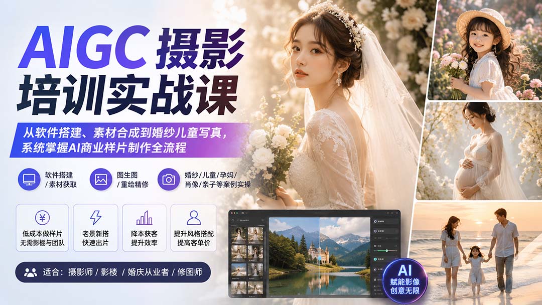 AIGC摄影培训实战课：从软件搭建、素材合成到婚纱儿童写真，系统掌握AI商业样片制作全流程-迦哆网创社